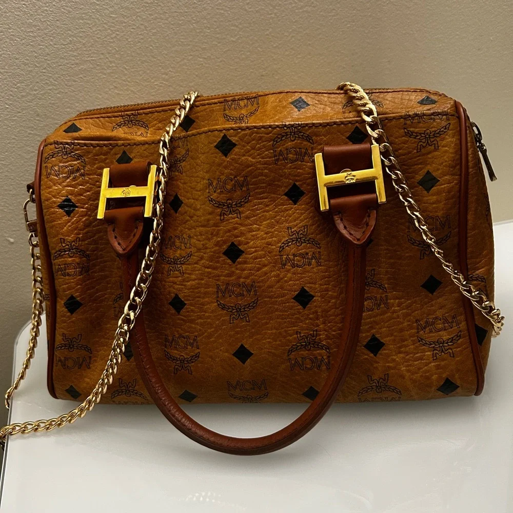 MCM Cognac Visetos Satchel with Gold Hardware and Brown Handles - Picture 2 of 15